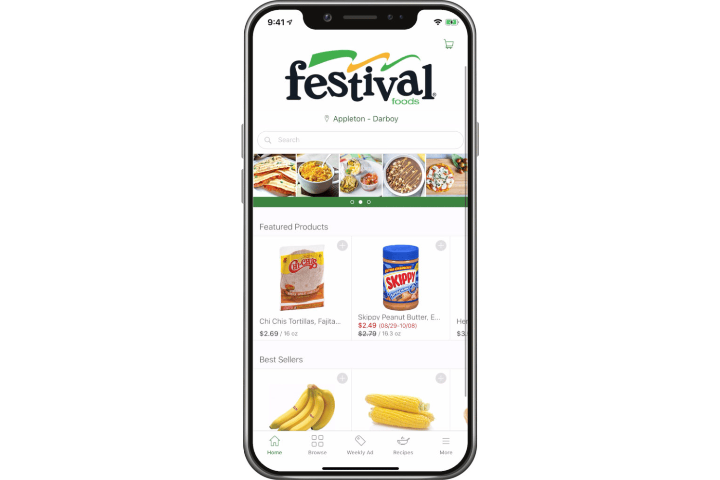 Freshop branded mobile app with products, deals, and loyalty features.