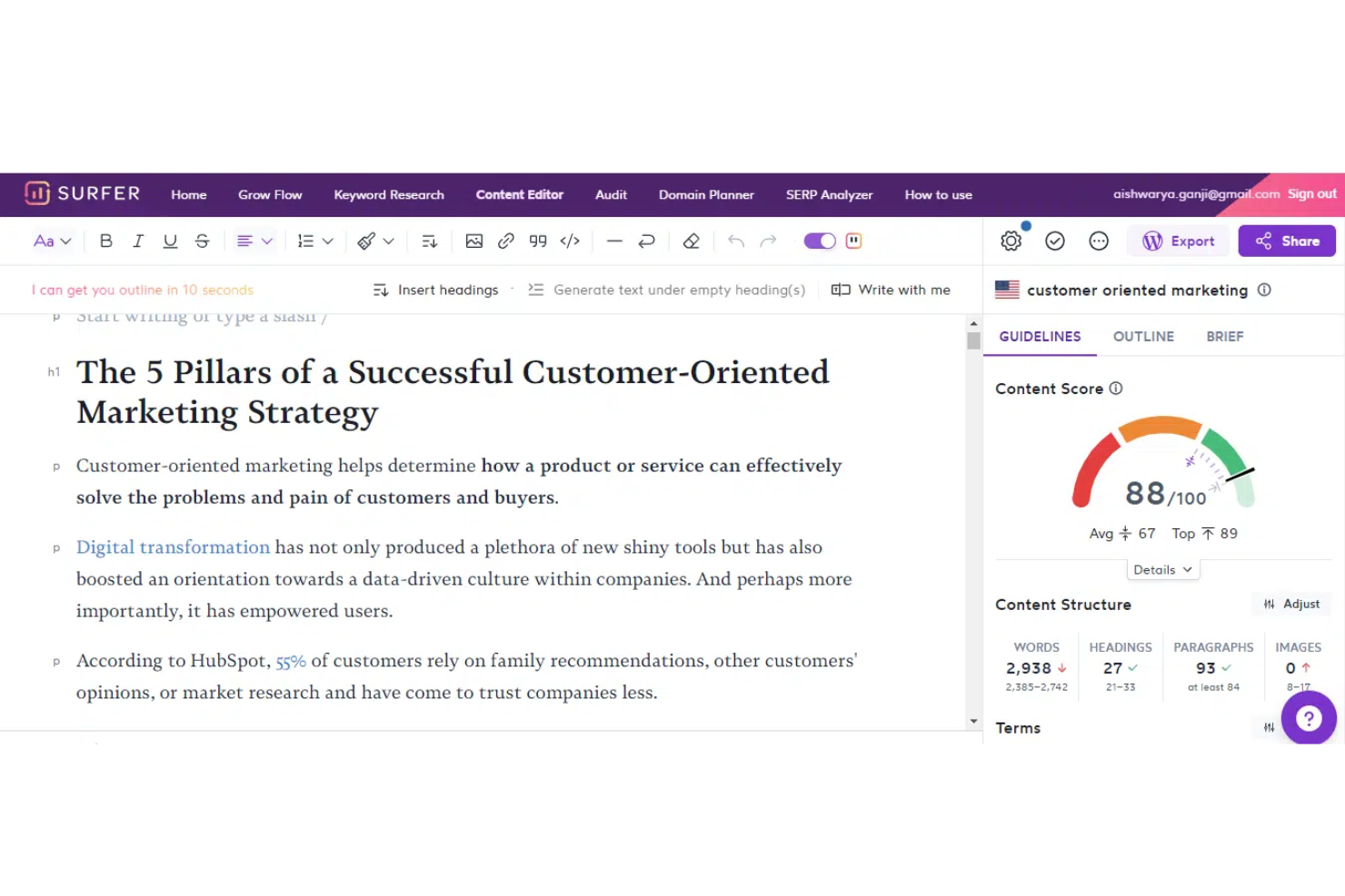 Surfer SEO screenshot - 10 mejores plataformas de marketing de contenidos para comercio electrónico en 2026