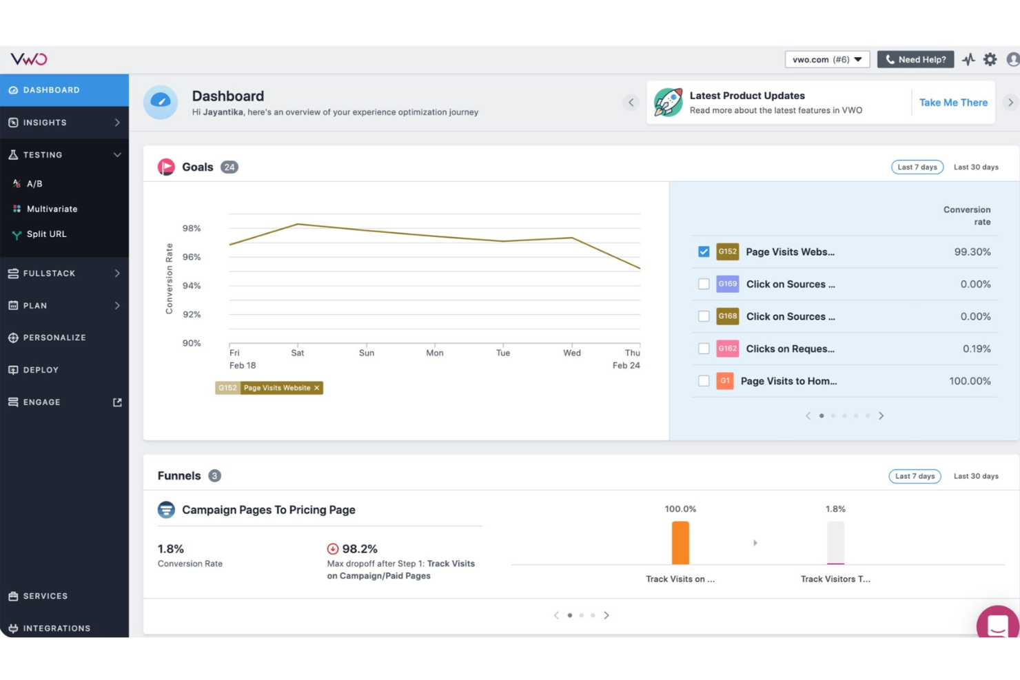 VWO screenshot - Die 10 besten Softwarelösungen zur Conversion-Rate-Optimierung für 2026