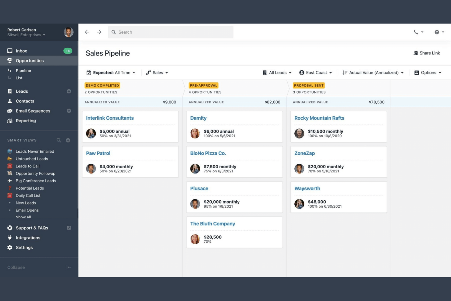 Close screenshot - 10 mejores alternativas a HubSpot CRM para 2026