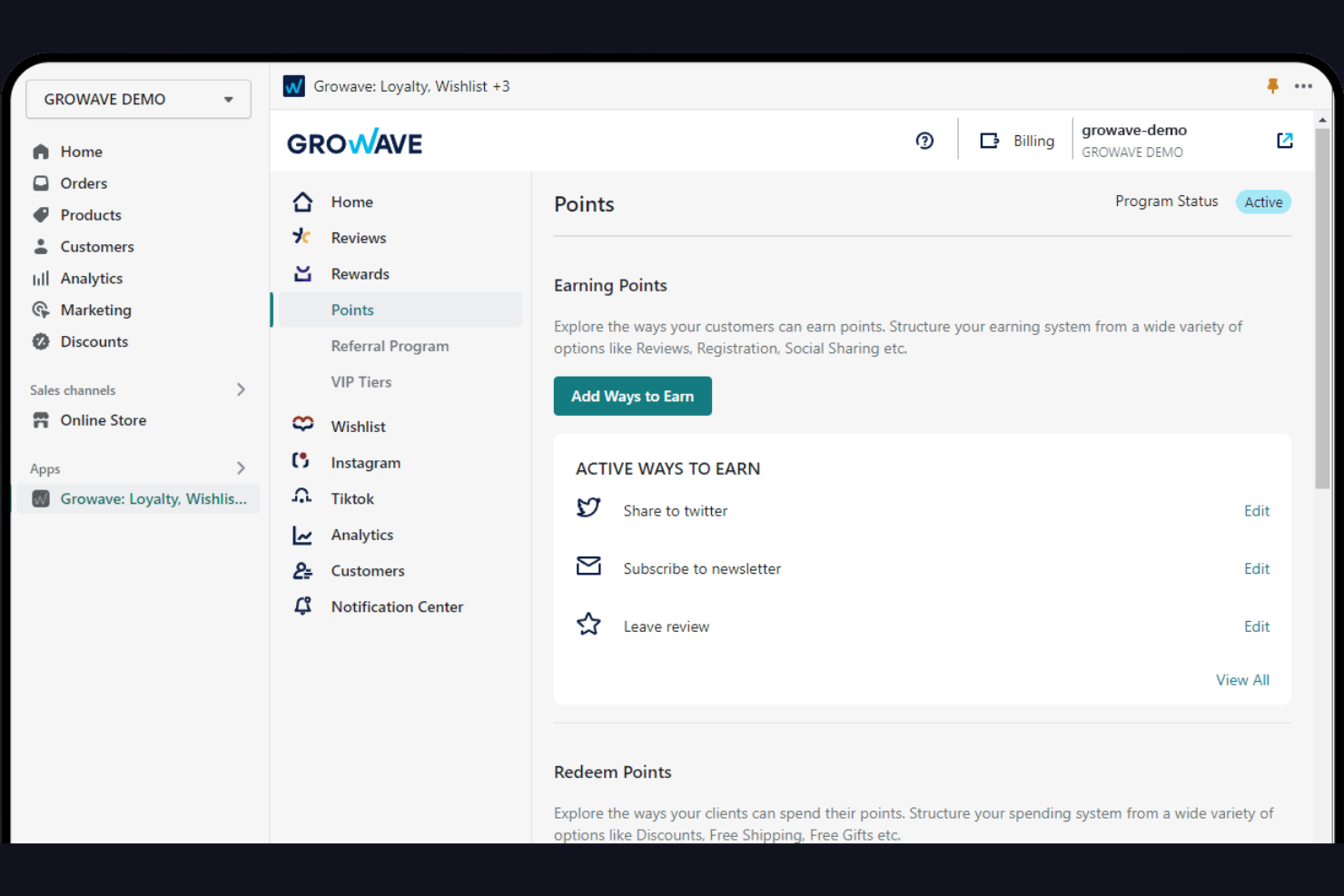 Growave screenshot - I 10 migliori software di fidelizzazione ecommerce nel 2026