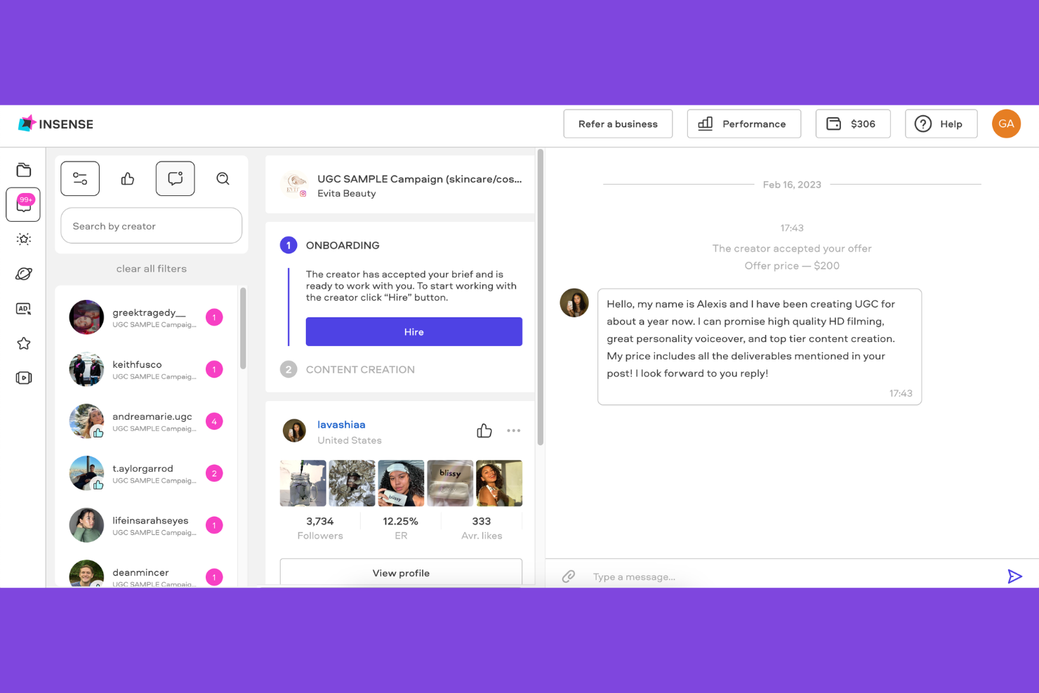 Insense screenshot - Le 18 Migliori Piattaforme UGC nel 2026