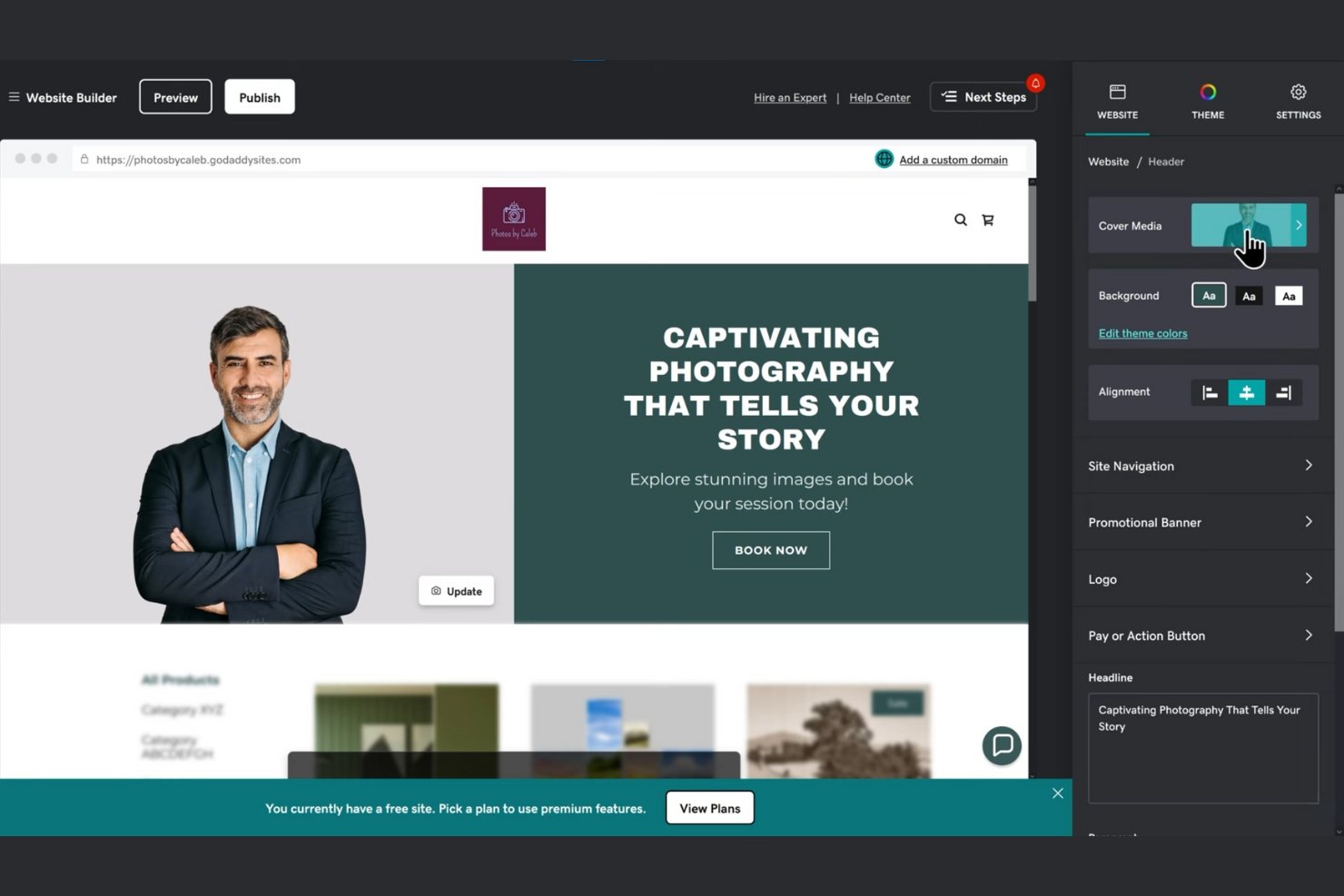 GoDaddy Website Builder screenshot - 10 alternative a Wix per il 2026