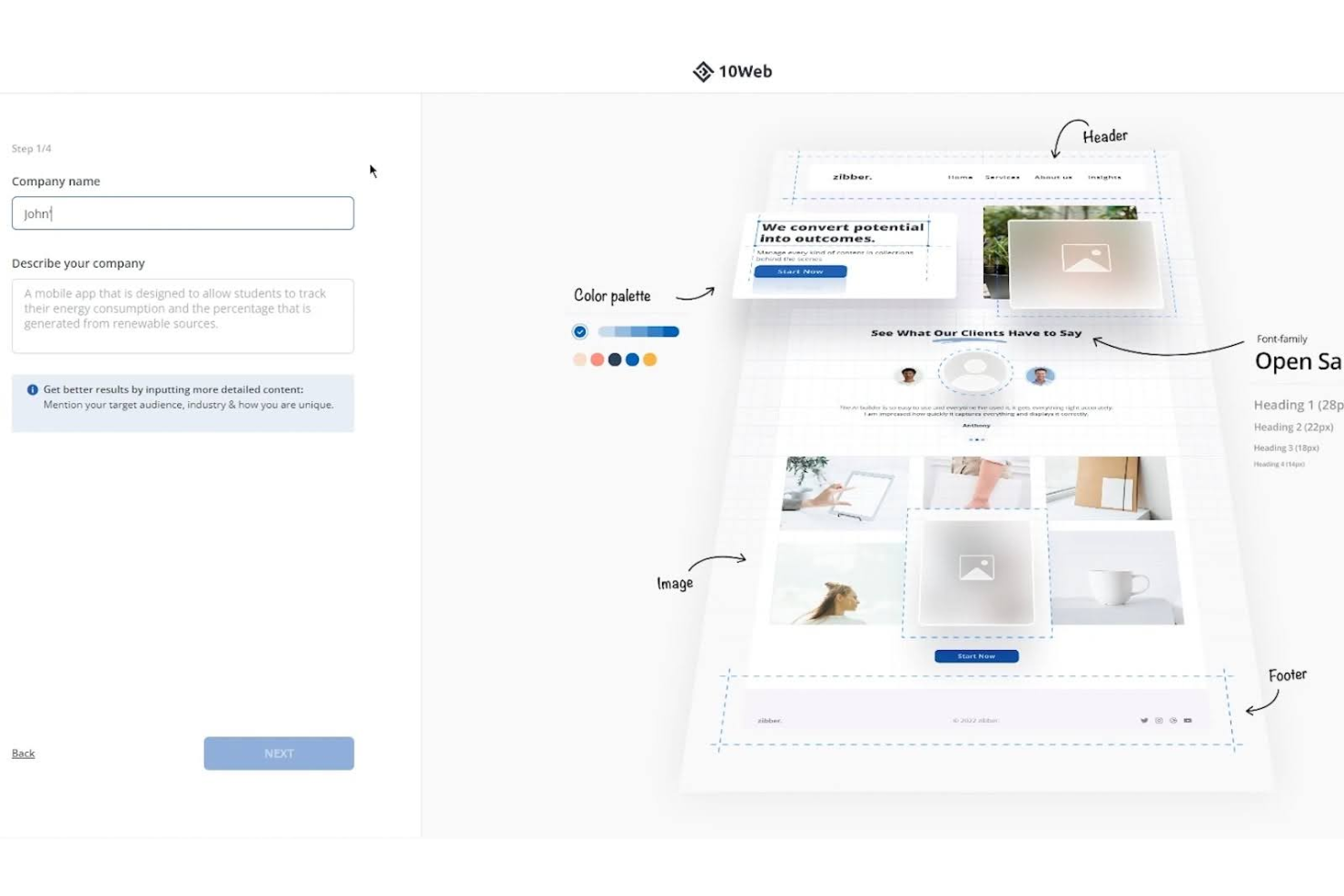 10Web screenshot - Le 10 Migliori Piattaforme di Creazione Siti Ecommerce Gratis con Intelligenza Artificiale Recensite nel 2026