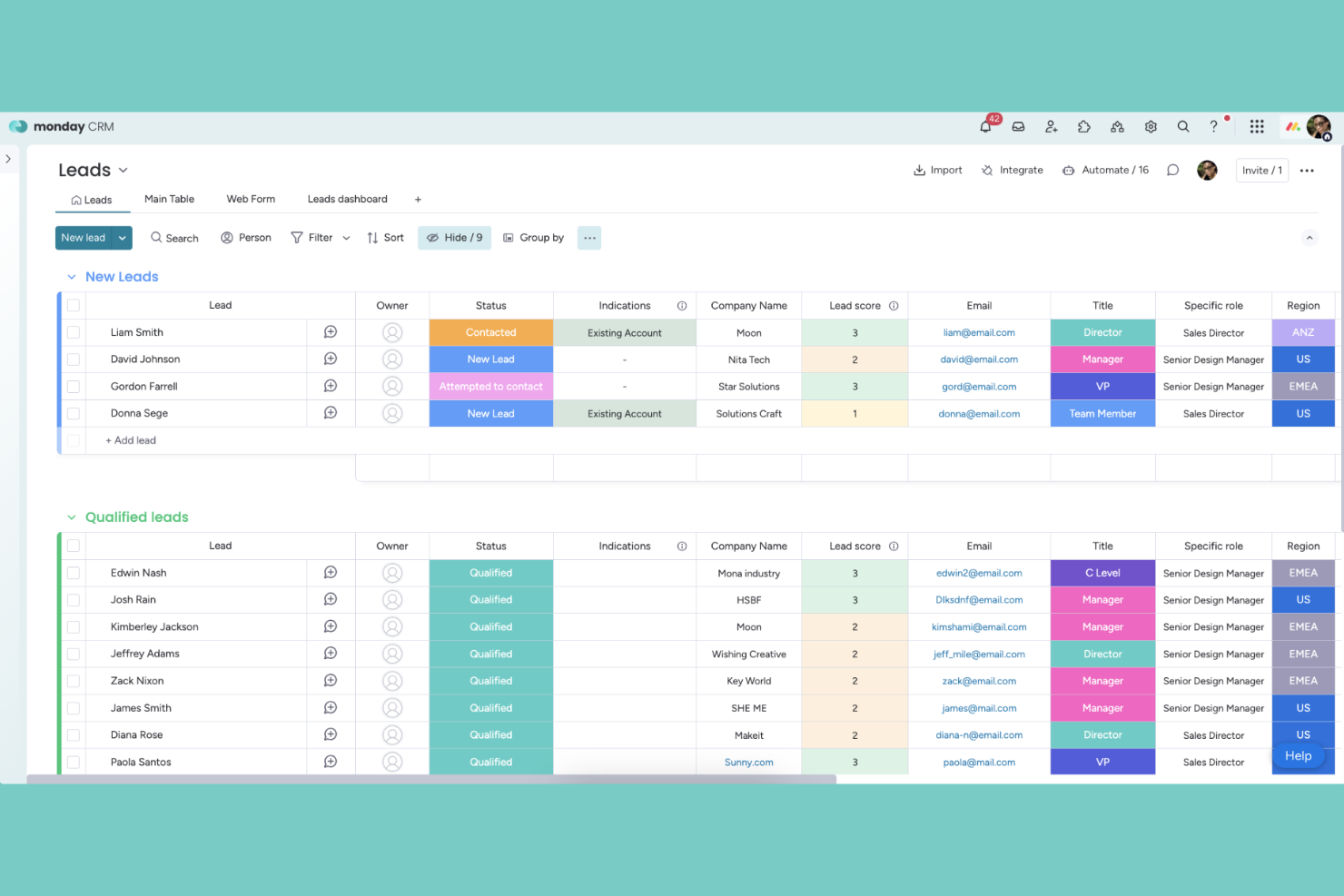 monday CRM screenshot - 10 mejores alternativas a HubSpot CRM para 2026