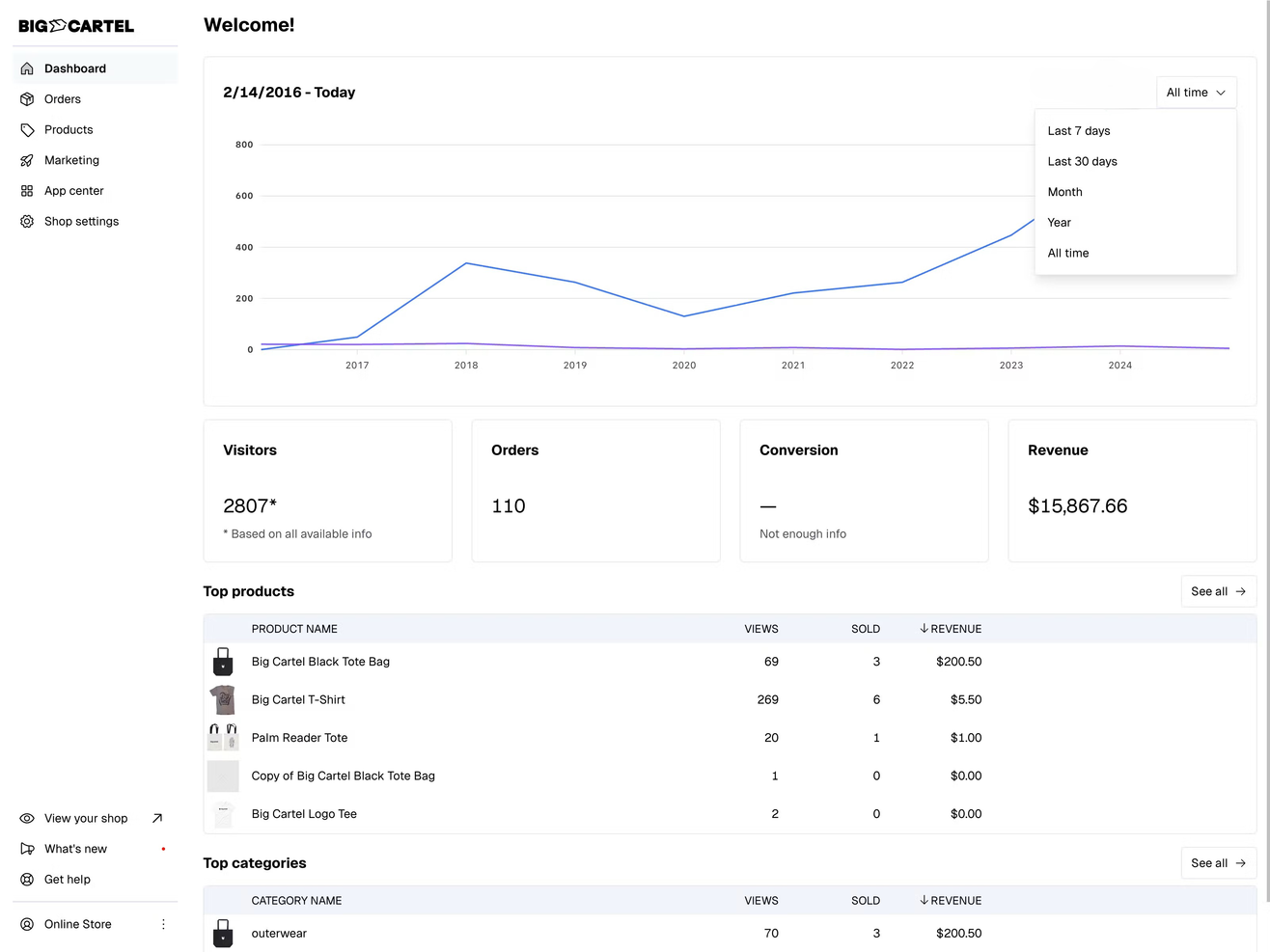 Big Cartel screenshot - Le 10 migliori alternative a Ecwid, classificate e recensite per il 2026