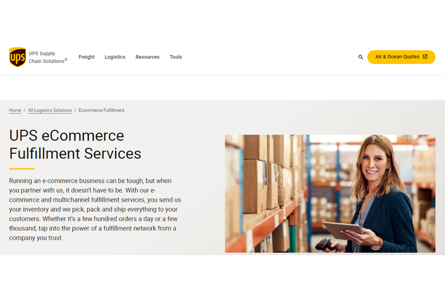 UPS Supply Chain Solutions screenshot - 10 migliori servizi di stoccaggio e gestione degli ordini per il 2026