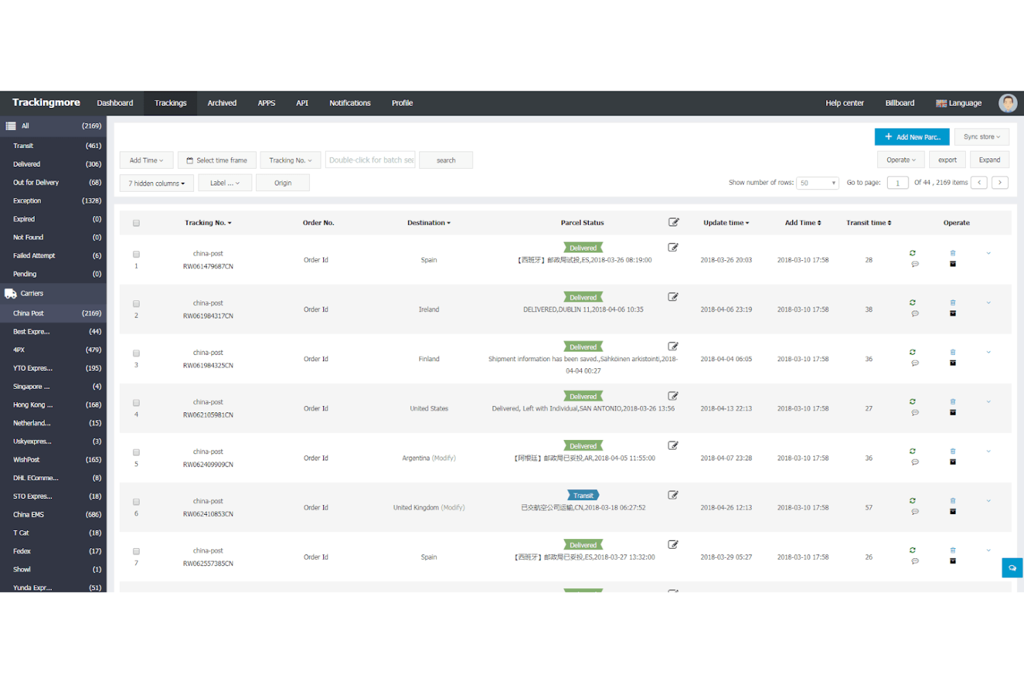 TrackingMore screenshot - I 10 migliori software per il tracciamento dei pacchi per i rivenditori nel 2026