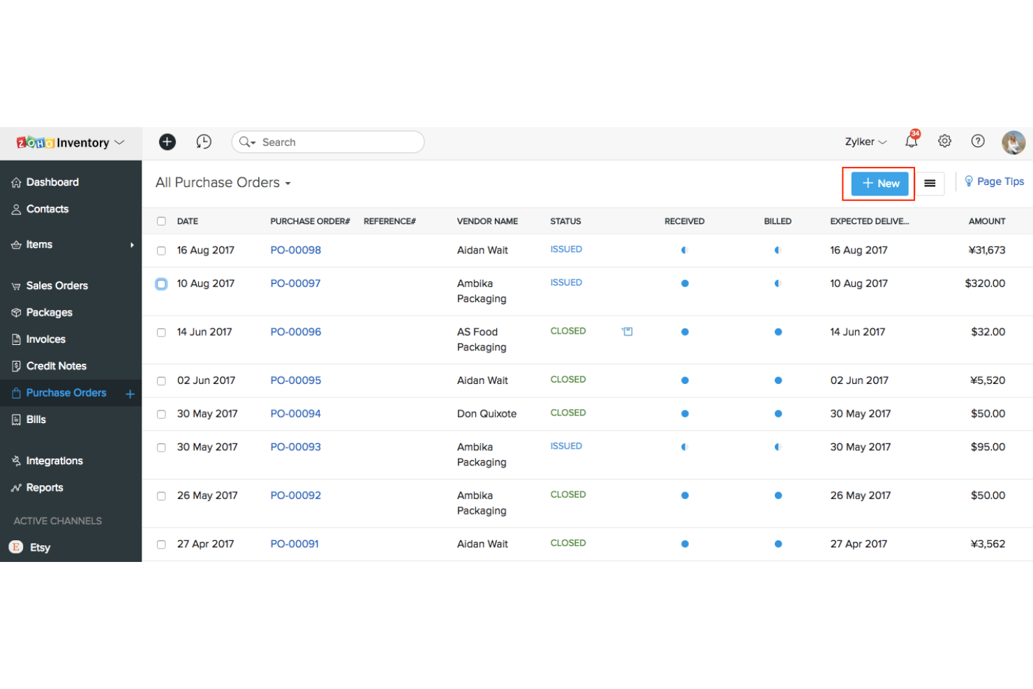 Zoho Inventory screenshot - 10 Mejores Programas de Gestión de Inventario POS para 2026