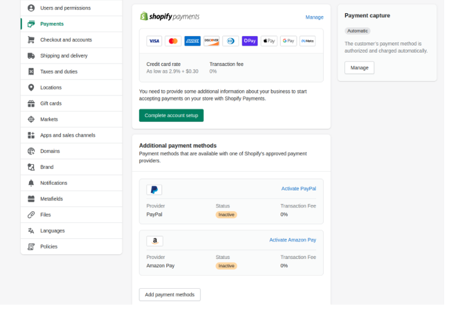 Shopify screenshot - 10 alternativas a PayPal para transacciones seguras 2026