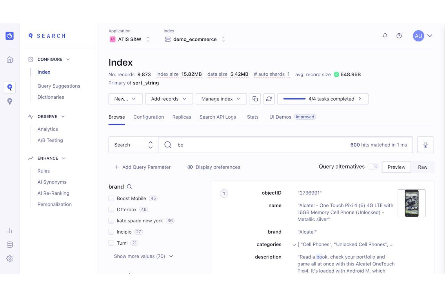Algolia screenshot - Le 10 Migliori Piattaforme Ecommerce per Produttori nel 2026