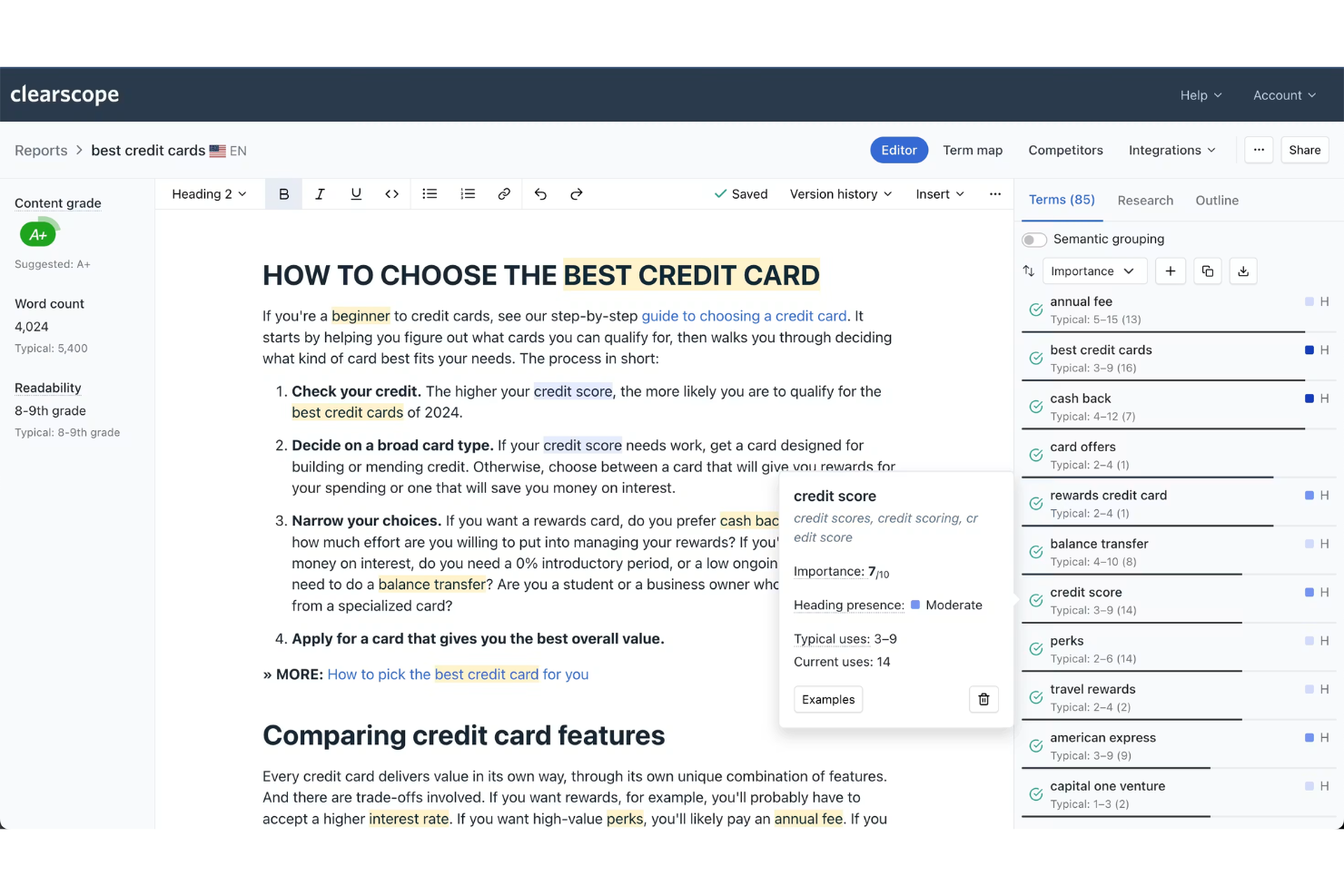 Clearscope screenshot - Le 10 Migliori Piattaforme di Content Marketing per Ecommerce nel 2026