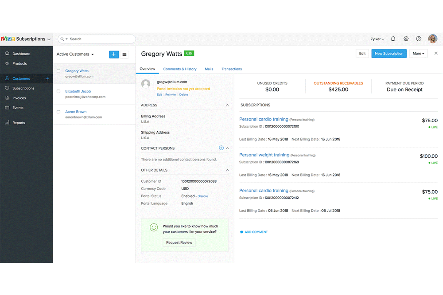 Zoho Subscriptions screenshot - 10 Mejores Software de Gestión de Suscripciones para 2026