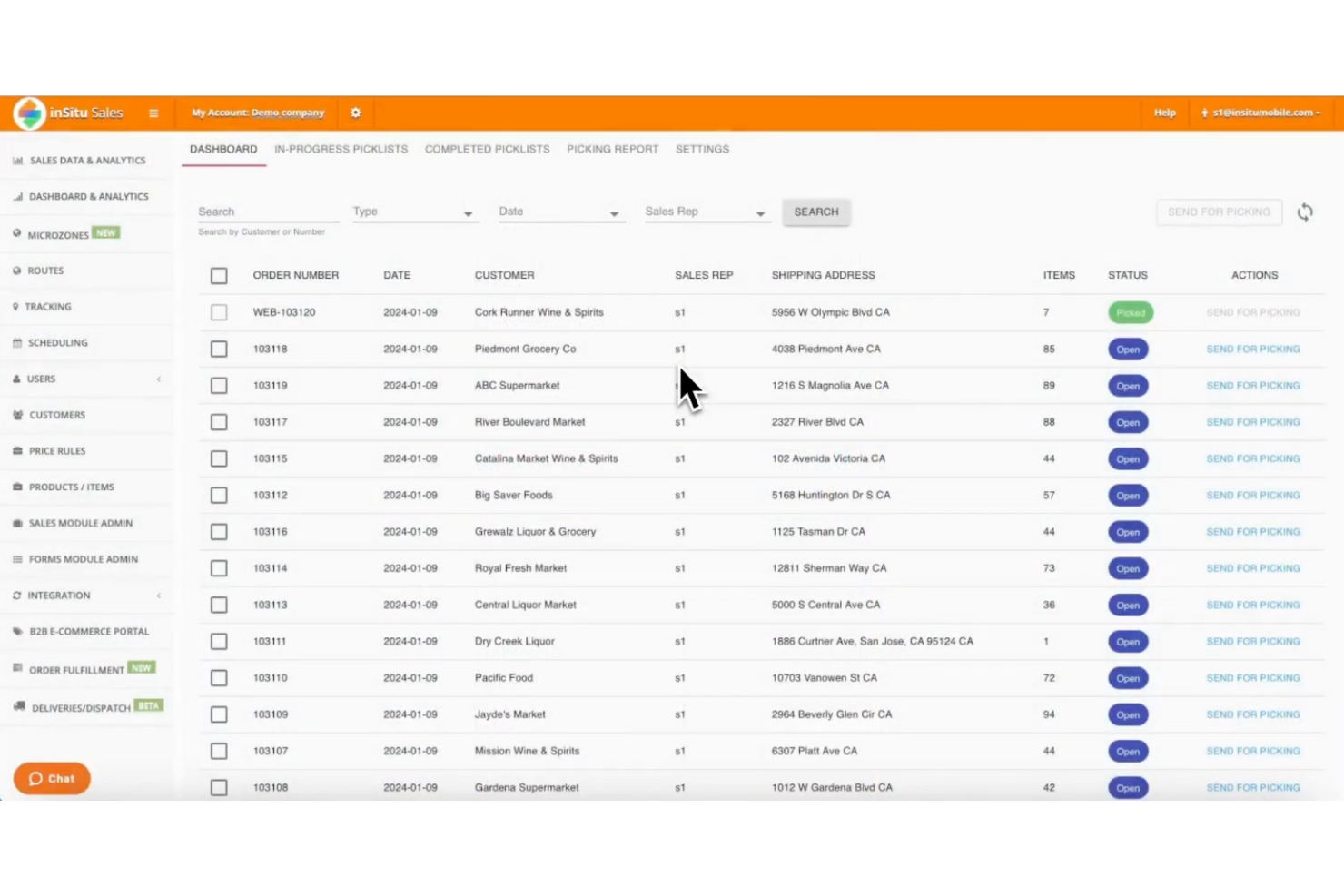 InSitu Sales screenshot - I 10 migliori software di prelievo e imballaggio nel 2026