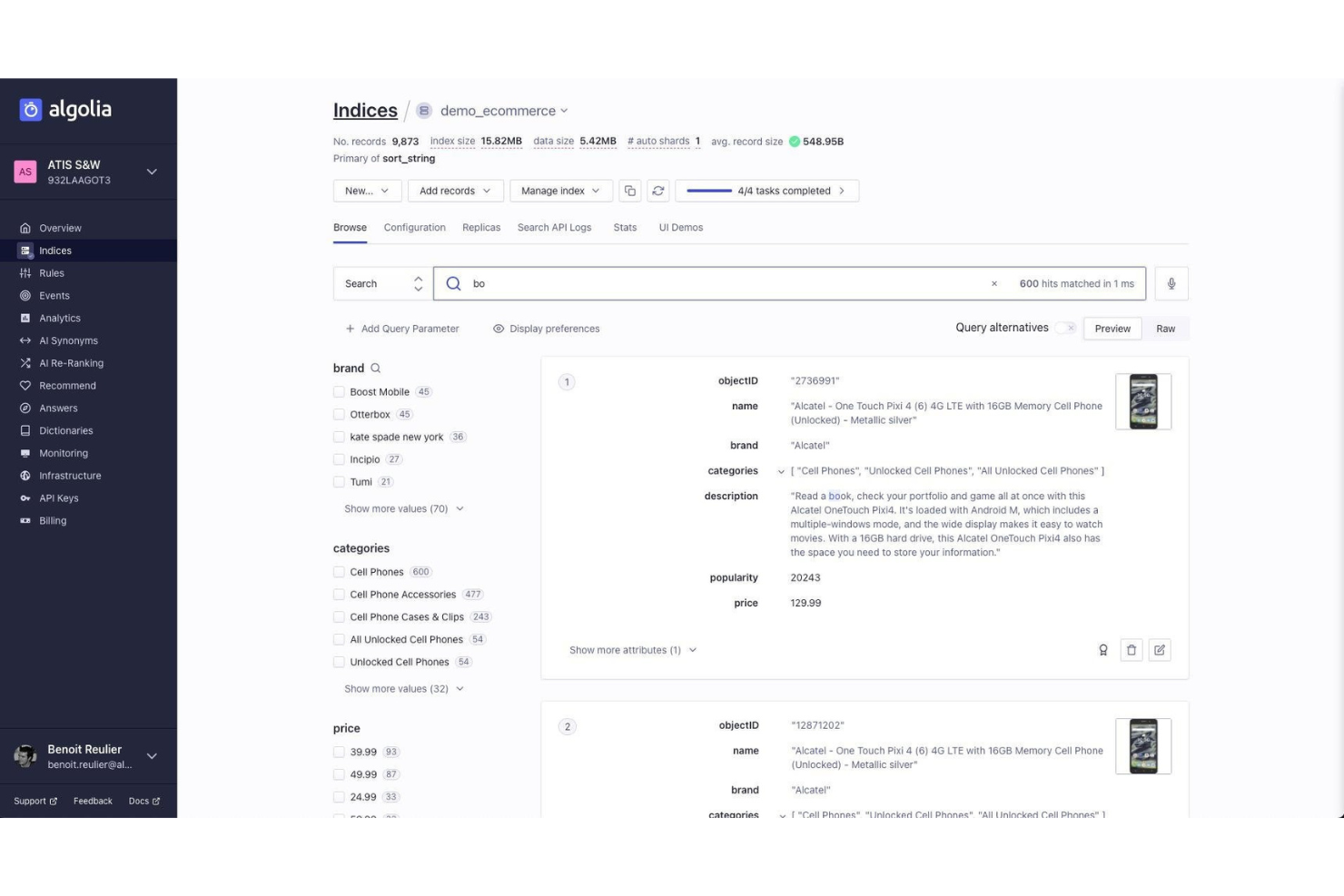 Algolia screenshot - I 10 migliori software di gestione cataloghi per il 2026