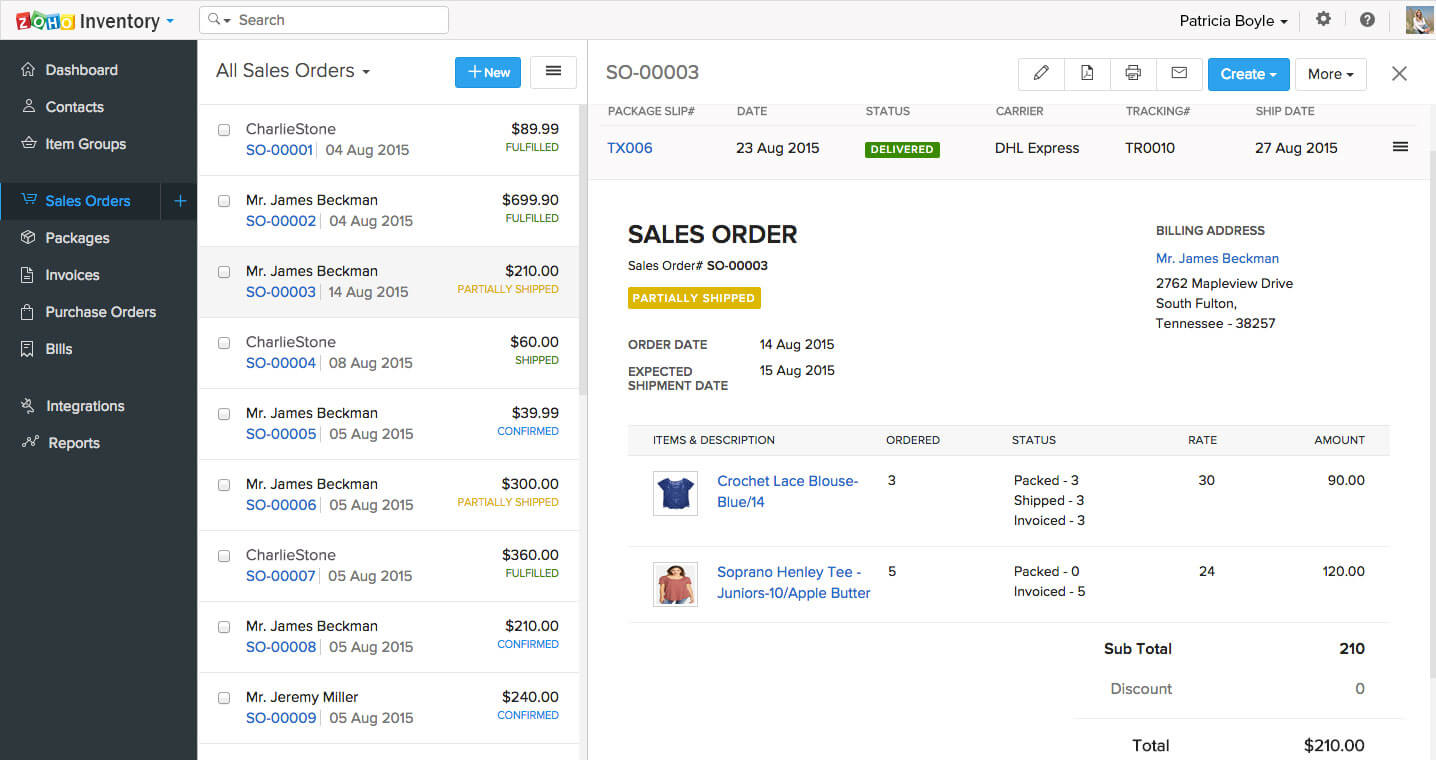 Zoho Inventory screenshot - Los 10 mejores programas de gestión de pedidos para comercio electrónico de 2026