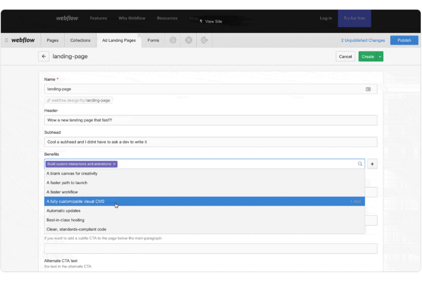 Webflow screenshot - 10 gratis tools voor het bouwen van landingspagina’s voor 2026