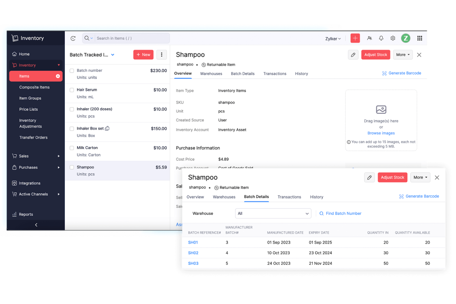 Zoho Inventory screenshot - 10 beste softwareprogramma’s voor voorraadbeheer met barcodes voor 2026