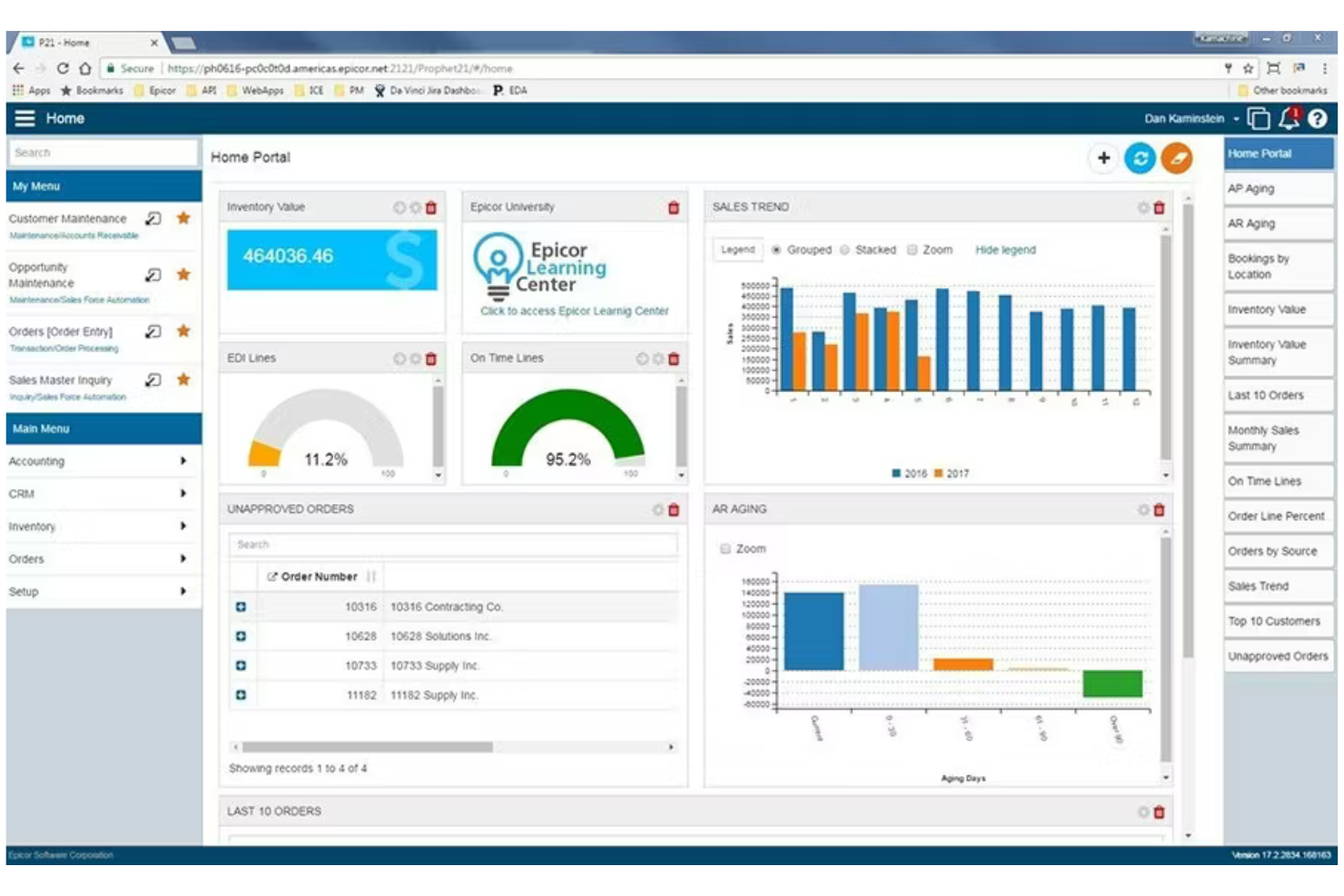 Epicor screenshot - Le 10 migliori alternative a NetSuite per il 2026