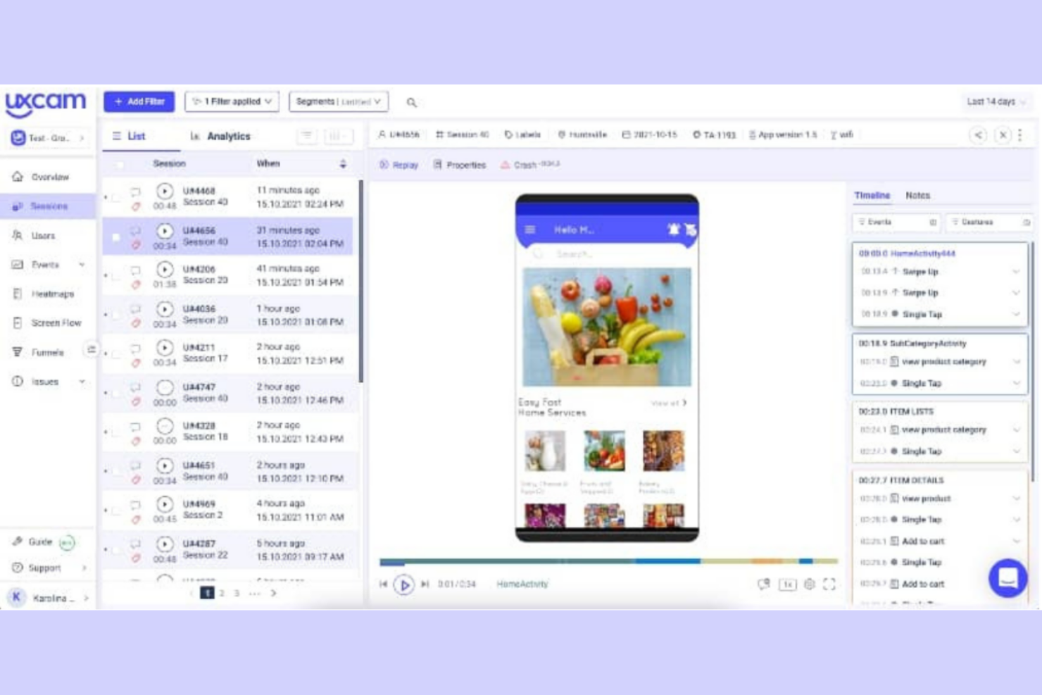 UXCam screenshot - 14 beste Hotjar-alternatieven voor 2026