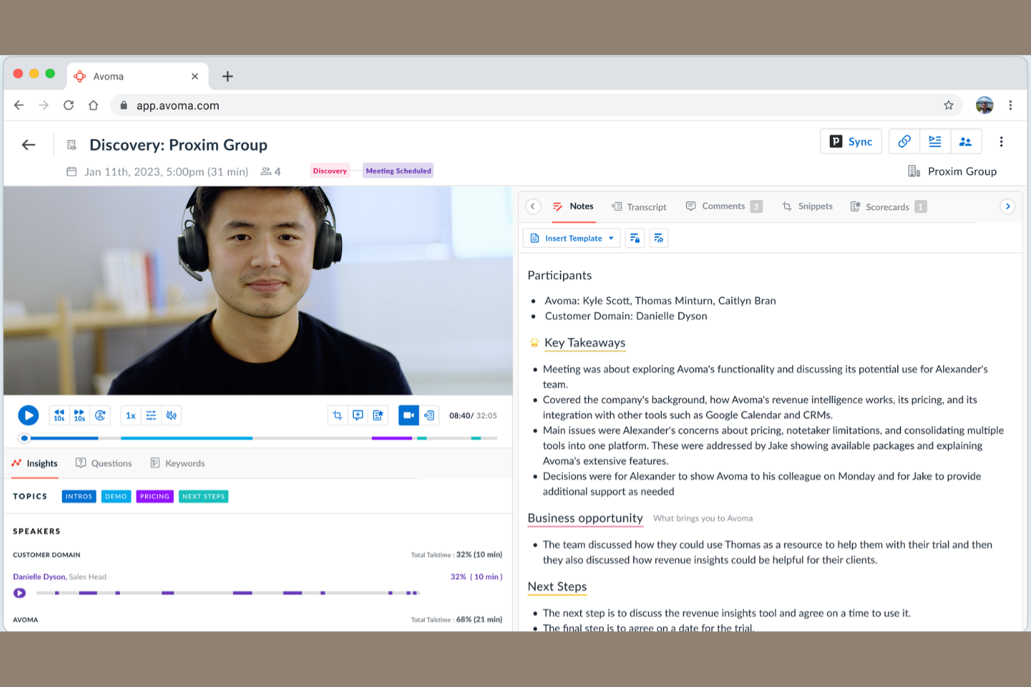 Avoma screenshot - 10 meilleures alternatives à Intercom sélectionnées pour 2026 afin d’améliorer la communication entre équipes et avec les clients