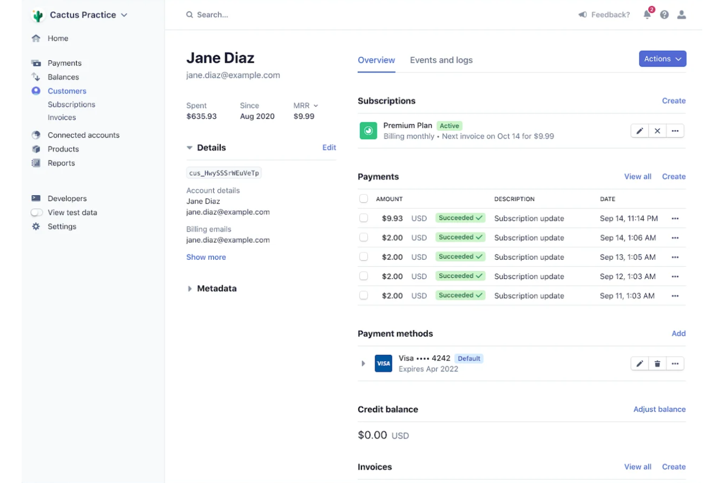 Stripe processes online payments via APIs, handling checkout and billing.