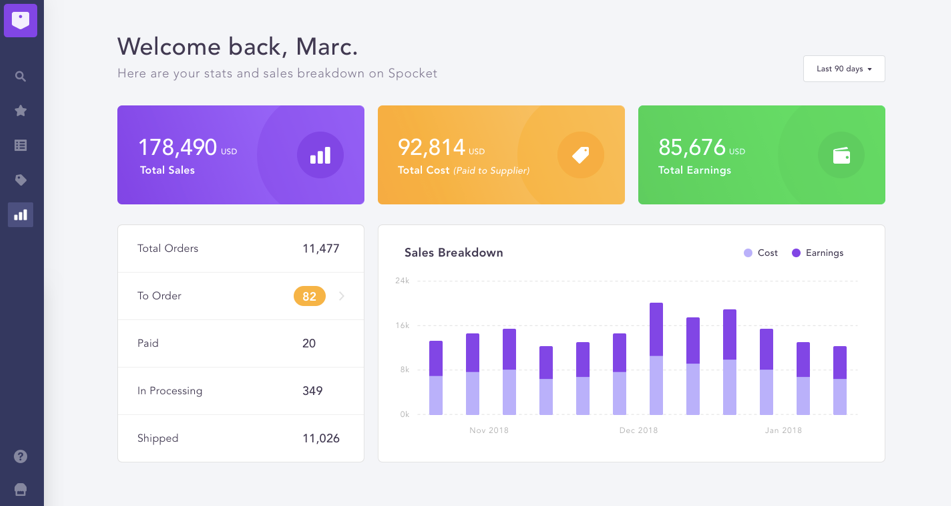 Spocket connects online stores with suppliers for fast dropshipping products.