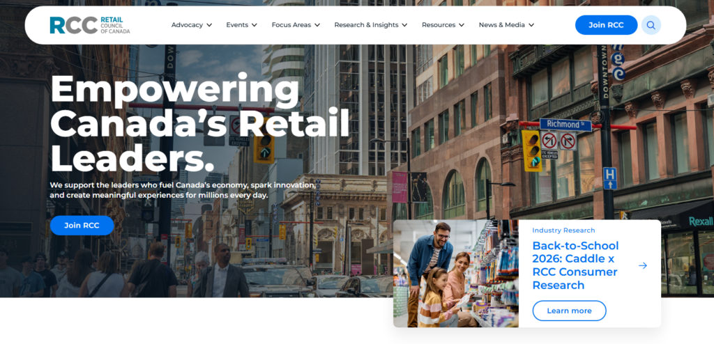 RCC homepage highlighting support for Canadian retail leaders