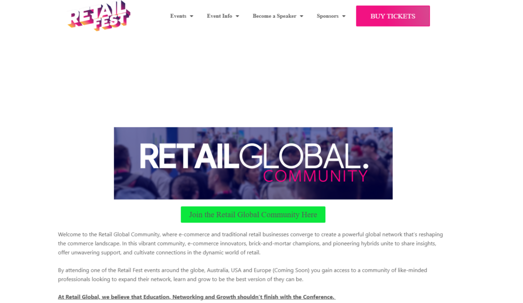 Retail Global Community page inviting commerce professionals to join its network
