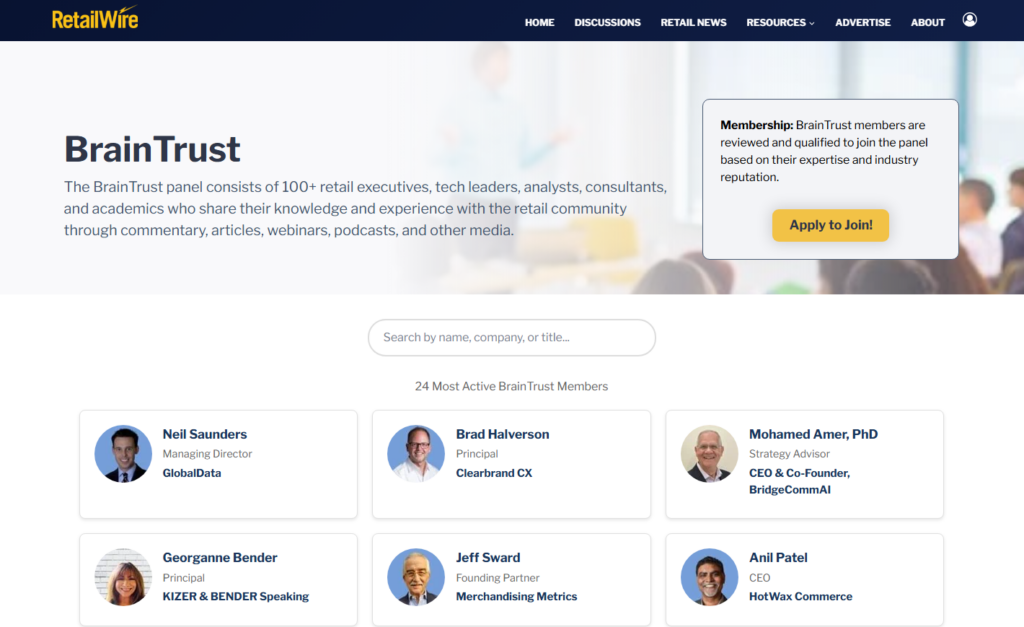 BrainTrust page featuring retail executives, analysts, consultants, and academics