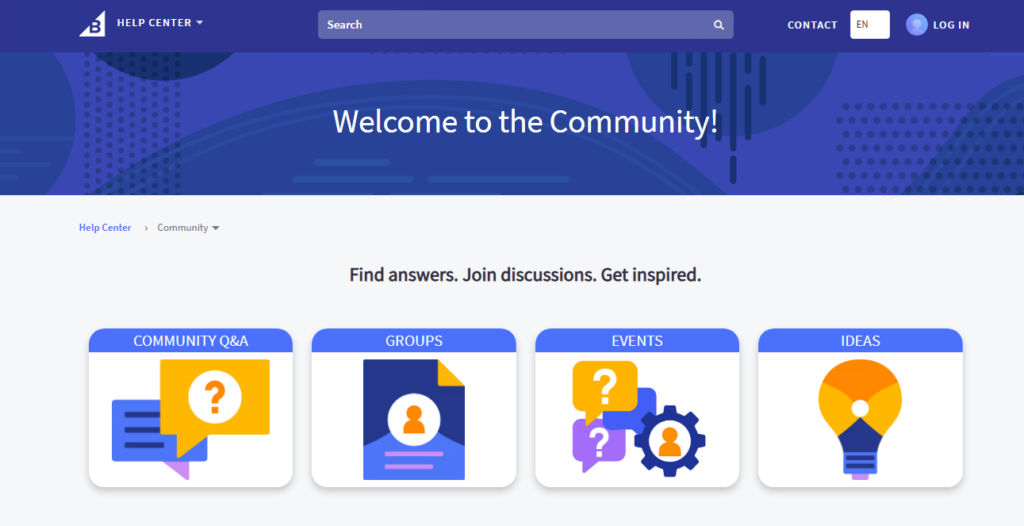 BigCommerce Community hub showing Q&A, groups, events, and idea sections