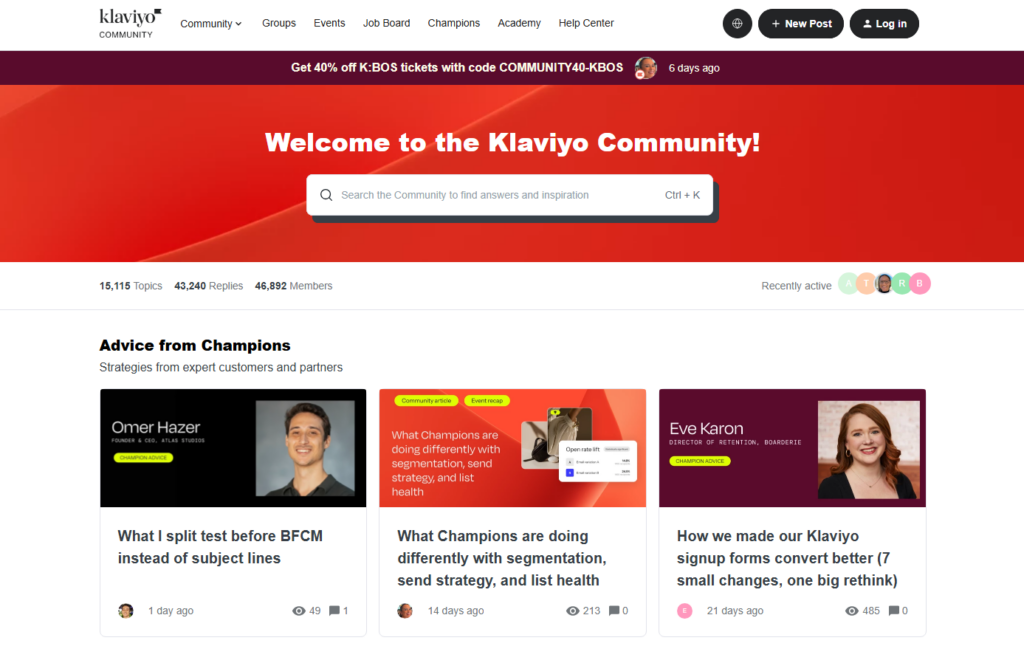 Klaviyo Community homepage featuring advice from customer champions