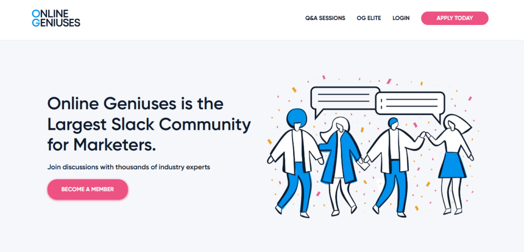 Online Geniuses homepage inviting marketers to join its Slack network