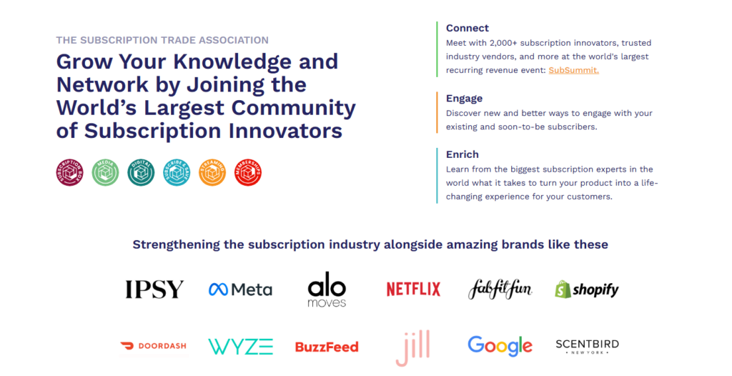 SUBTA page highlighting membership benefits and subscription industry brands