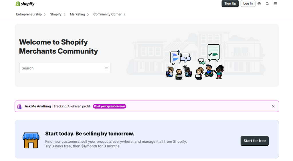 Shopify Community page with search and merchant discussions