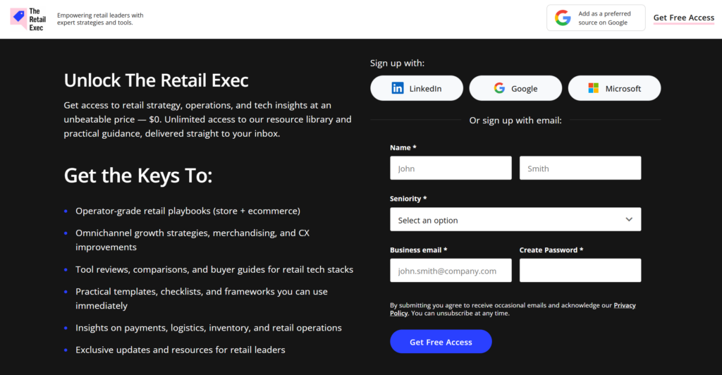 The Retail Exec sign-up page.