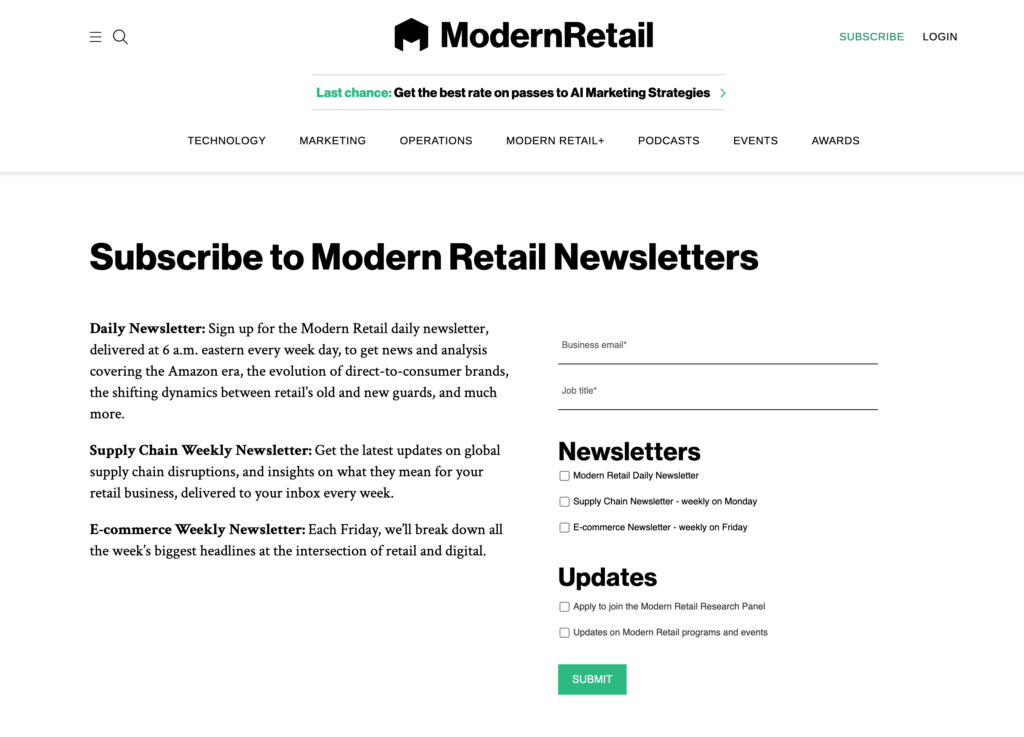 Abonnementsseite für den Modern-Retail-Newsletter