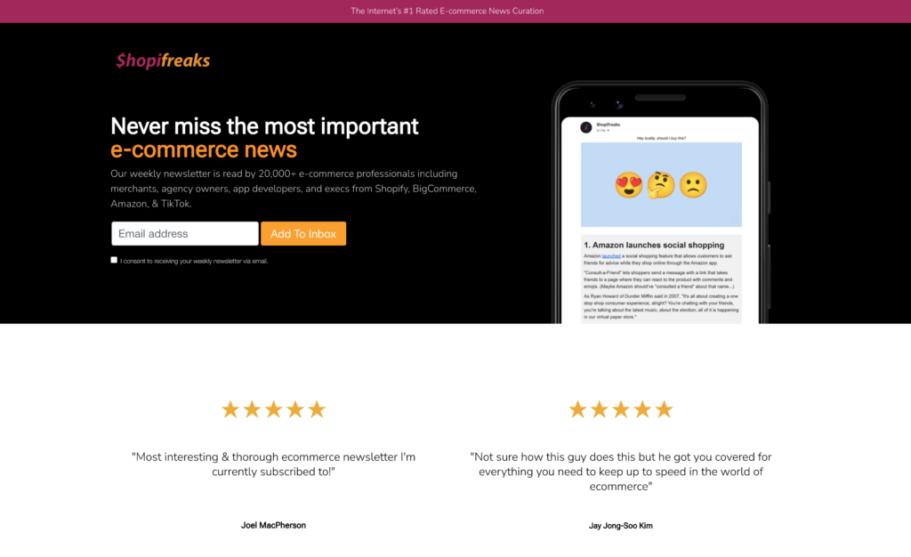 Shopifreaks newsletter