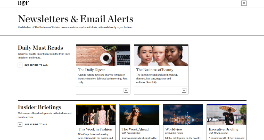 Seite mit den Newslettern von Business of Fashion