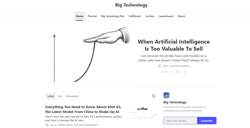 Homepage di Big Technology con notizie sull'IA, analisi tecnologiche, contenuti podcast, newsletter e approfondimenti dal settore tecnologico