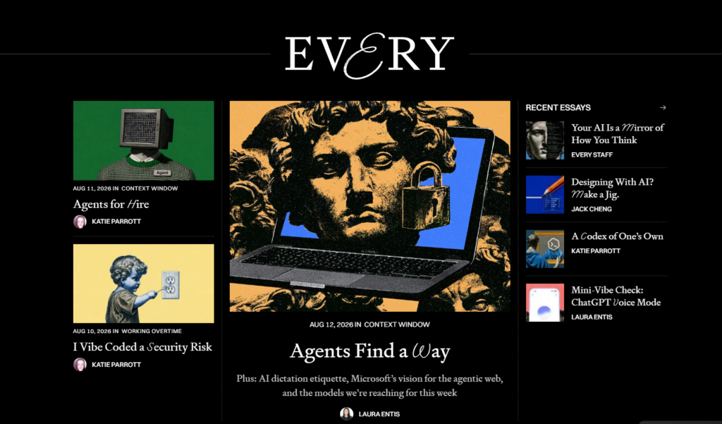 Homepage del sito Every con articoli e saggi su IA, tecnologia, innovazione e prospettive creative sul futuro della cultura digitale