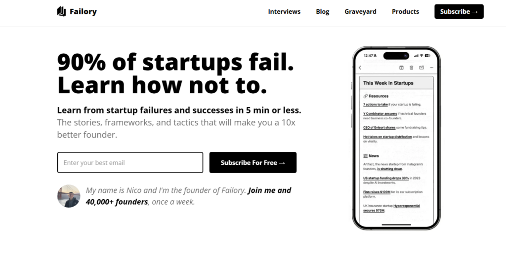Pagina iniziale di Failory che mostra l'iscrizione alla newsletter sulle startup, il messaggio della community dei fondatori e l'anteprima mobile di approfondimenti e risorse sull'imprenditorialità