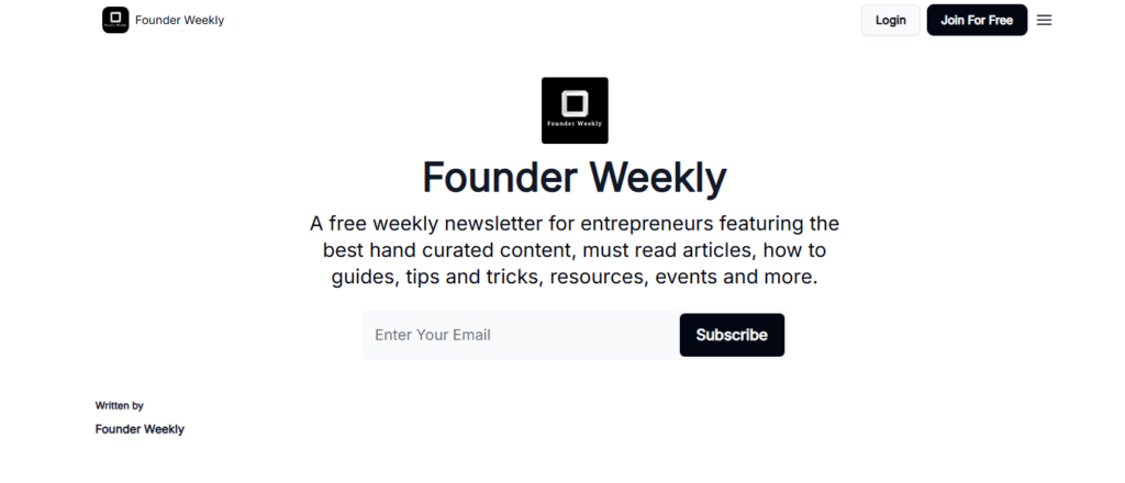 Pagina di iscrizione a Founder Weekly con un modulo per registrarsi via e-mail, una descrizione della newsletter e opzioni di navigazione per imprenditori.