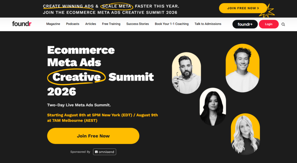 Homepage di Foundr con formazione per il commercio elettronico, programmi di formazione aziendale, risorse per fondatori, podcast e contenuti sull'imprenditorialità