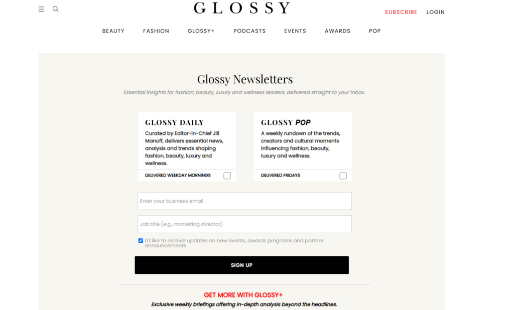 Anmeldeseite für den Glossy-Newsletter