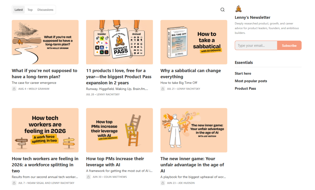 Homepage della newsletter di Lenny con articoli, approfondimenti sulla gestione dei prodotti, consigli sulla carriera e risorse per professionisti del business e della tecnologia