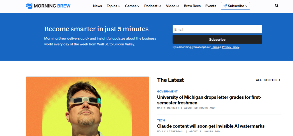 Homepage di Morning Brew con opzioni di iscrizione alla newsletter, aggiornamenti sulle notizie economiche e approfondimenti quotidiani su tecnologia, mercati ed eventi attuali