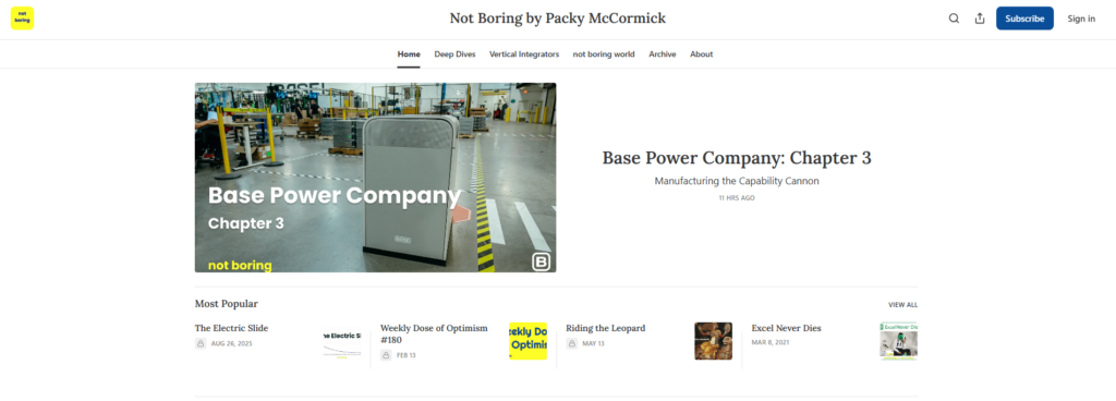 Homepage di Not Boring di Packy McCormick con analisi aziendali, ricerche di settore, newsletter e approfondimenti su tecnologia e innovazione