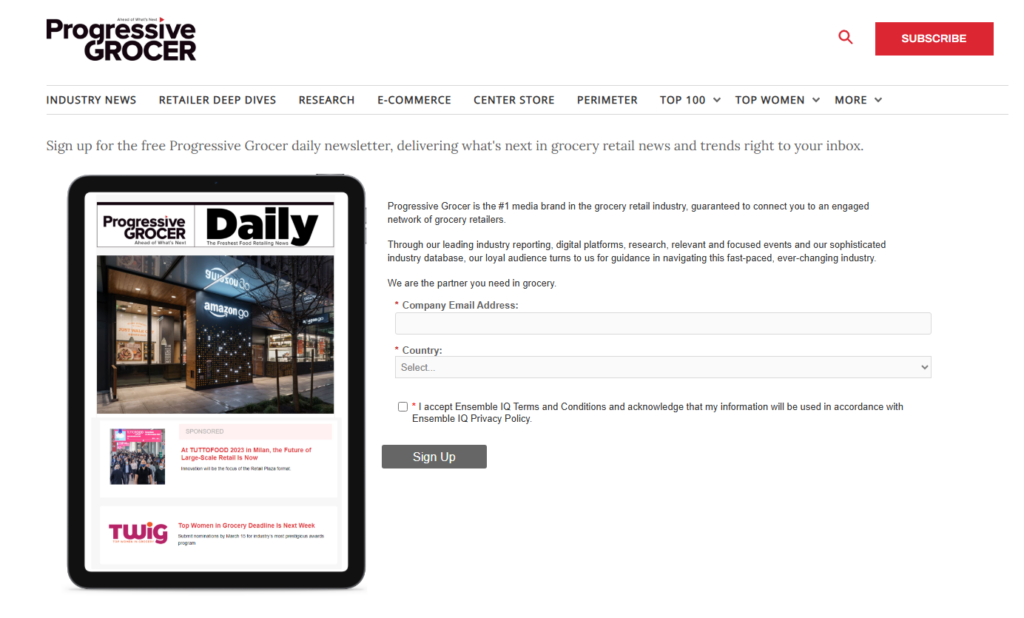 Anmeldeseite für den Newsletter von Progressive Grocer