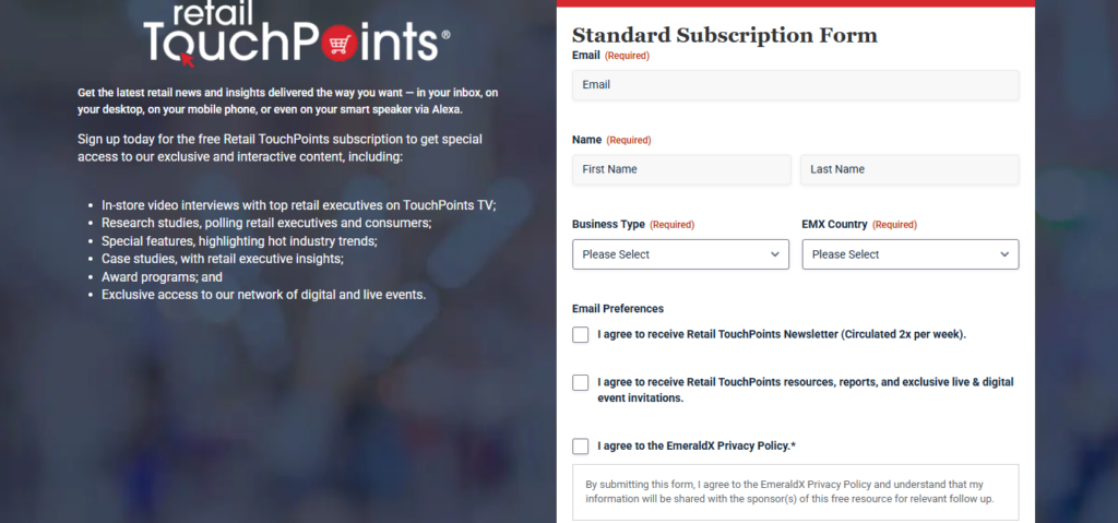 Anmeldeformular für das Abonnement von Retail TouchPoints